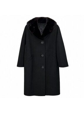 Vintage 60's Len Artel Belgium Black Fur Collar Topper Swing Coat Womens Large
